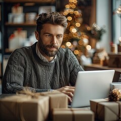 Aufkleber - A modern business professional working confidently in a holiday-themed office. a sleek desk with a laptop displaying analytics, neat stacks of packages or shipping boxes in the background.
