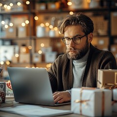 Aufkleber - A modern business professional working confidently in a holiday-themed office. a sleek desk with a laptop displaying analytics, neat stacks of packages or shipping boxes in the background.
