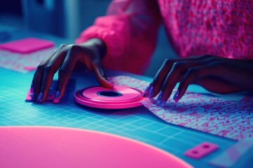Aufkleber - A person crafting with vibrant materials on a colorful workspace.