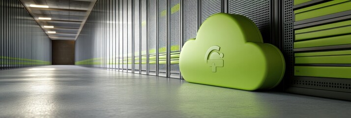 Aufkleber - A green cloud symbol in a modern data center, representing cloud storage technology.