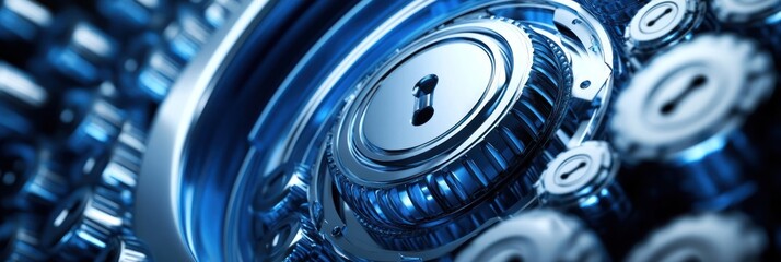 Fototapete - A close-up of a metallic lock mechanism showcasing intricate gears and a keyhole.