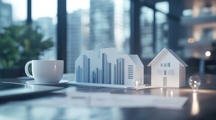 Poster - A modern workspace featuring architectural models and a coffee cup.