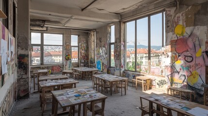 Aufkleber - An abandoned classroom with tables and colorful graffiti on the walls.