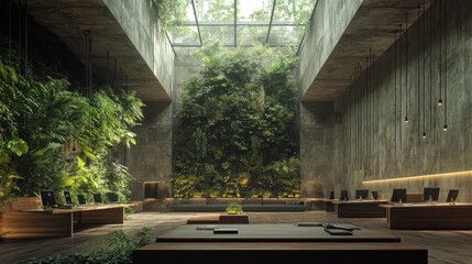 Aufkleber - A modern office space featuring a vertical garden and natural light.