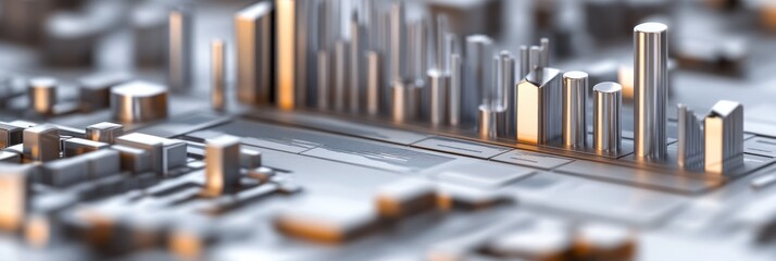 Leinwandbilder - A detailed 3D model of a cityscape with buildings and structures in a metallic finish.