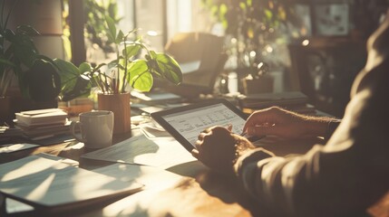 Aufkleber - A person using a tablet in a sunlit workspace surrounded by plants and papers.