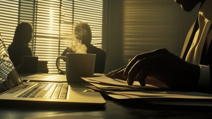 Poster - A business meeting in a sunlit room with a laptop, coffee, and paperwork.