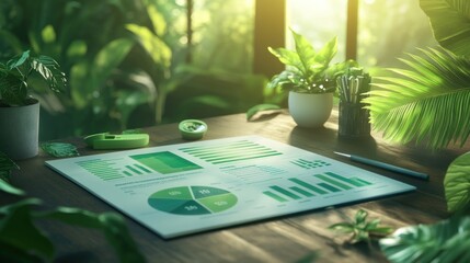 Poster - A workspace featuring green-themed charts and plants, emphasizing data analysis in nature.