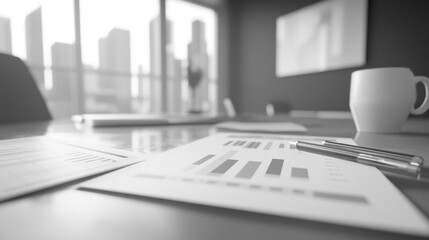 Aufkleber - A monochrome office scene featuring reports, a pen, and a coffee cup with a city backdrop.