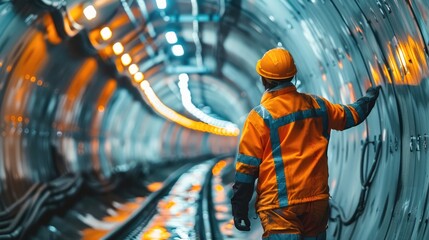 Leinwandbilder - A construction worker doing maintenance on the inside of a well lit subway tunnel.