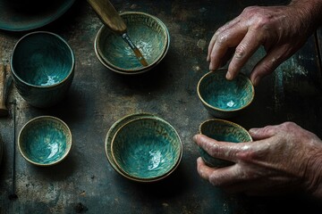 Aufkleber - A craftsman arranges handmade bowls on a rustic surface, showcasing artistry and skill.