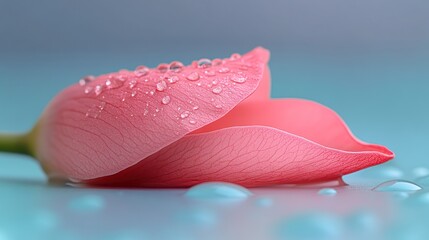 Fototapete - A close-up of a pink lotus petal with water droplets on a soft blue background.