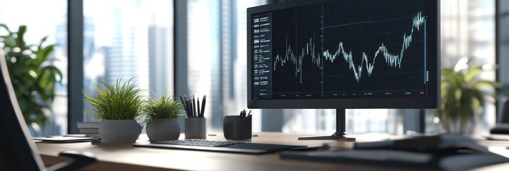 Poster - A modern workspace featuring a computer displaying financial data with plants.