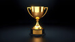 © Tark - Shining golden sport trophy. 3d vector object on dark background. Generative AI