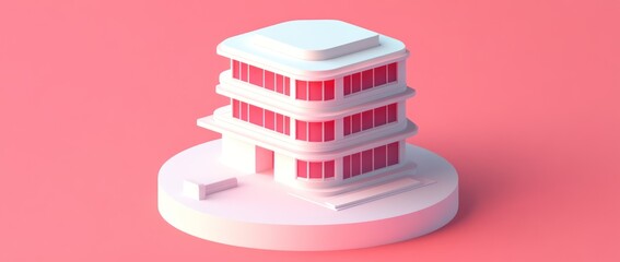 Leinwandbilder - A minimalist 3D rendering of a modern building on a circular base against a pink background.