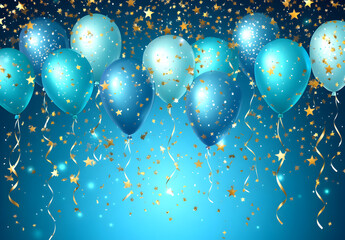 Wall Mural - A blue background with balloons and confetti, suitable for celebration or special events like a birthday party.