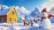 © Puttipong - Children Playing in Snow with Snowman and Colorful Houses in Winter