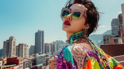 Leinwandbilder - A fashionable individual poses against a vibrant urban backdrop, showcasing style and confidence.