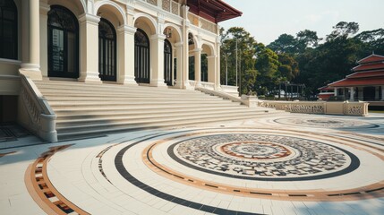 Leinwandbilder - Elegant architectural steps lead to a beautifully designed tiled circular pattern.