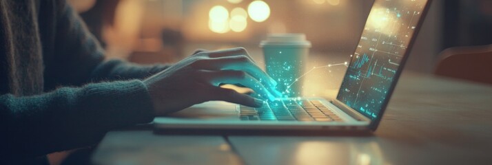 Fototapete - A person typing on a laptop with a coffee cup, surrounded by digital effects.