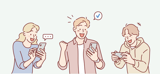 People Looking on Smartphones and Chatting. Happy Boys and Girls talking and typing on Phone. Hand drawn style vector design illustrations.