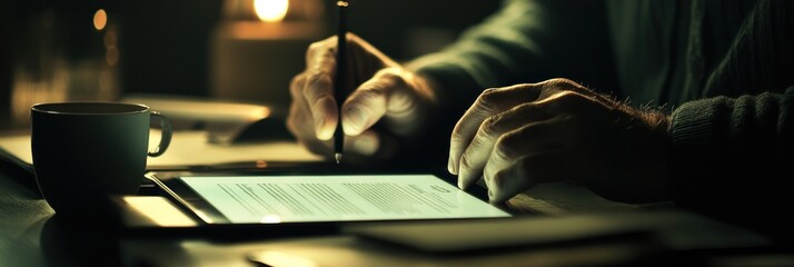 Aufkleber - A person writing on a tablet, illuminated by soft light, with a cup nearby.