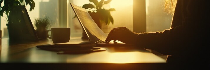 Poster - A person typing on a laptop with a warm sunset glow and a coffee cup nearby.