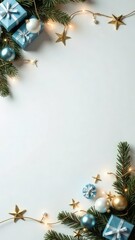 Wall Mural - White Christmas background with fir branches and blue, silver, gold decorations, copy space on the right. Mockup design of New Year card. Top view of garland lights, gift boxes and balls. Text place