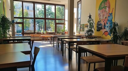 Aufkleber - A spacious indoor area with tables, chairs, and large windows, likely a dining or study space.