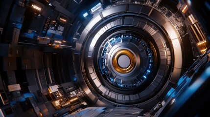 Fototapete - A futuristic, circular technological structure with intricate details and glowing elements.