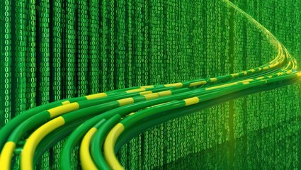 Flowing stream of binary code in green and yellow hues, representing data transfer and technology