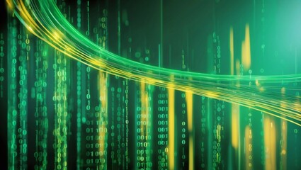 Flowing stream of binary code in green and yellow hues, representing data transfer and technology
