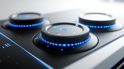 Fototapete - Close-up of a modern control panel with illuminated knobs for precise adjustments.