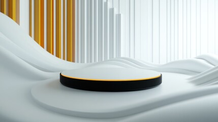 Aufkleber - A minimalist display platform set against a wavy, abstract background with gradient colors.