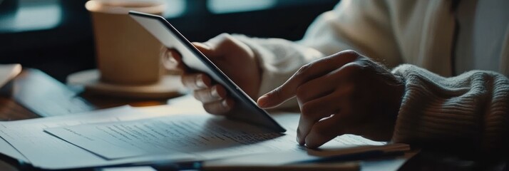 Poster - A person reading on a tablet, surrounded by papers and a coffee cup.