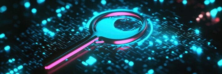 Aufkleber - A digital magnifying glass over a glowing circuit background, symbolizing search and analysis.