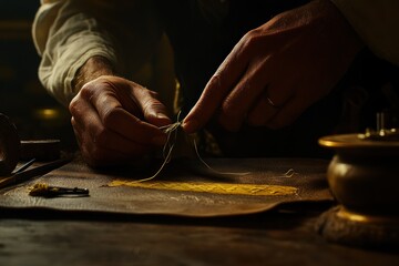 Aufkleber - A craftsman meticulously stitching leather with focused hands in a warm, dimly lit workshop.