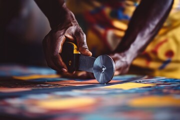 Aufkleber - A close-up of a hand using a rotary cutter on colorful fabric.