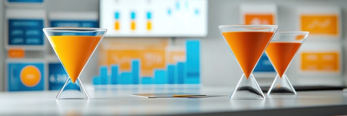 Poster - Three orange drinks in clear glasses against a backdrop of business charts and graphs.