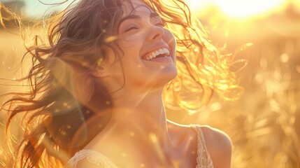 Wall Mural - Woman is laughing, the sun shining on her face, her hair flowing in the wind, in a boho style dress, natural lighting.