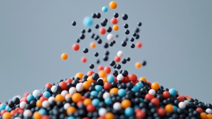 Fototapete - Colorful 3D Render of Floating and Falling Spheres in Various Colors and Sizes Against a Soft Blurred Background, Abstract Artistic Concept