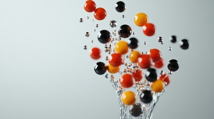 Fototapete - Colorful spheres in motion create a vibrant splash effect in a clear glass vase against a neutral background, capturing a dynamic sense of excitement and energy.