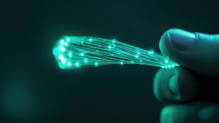 Poster - Glowing Fiber Optic Cable Held by a Hand Featuring Bright LED Lights, Representing Technology, Innovation and Modern Communication in a Dark Setting
