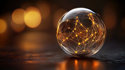Aufkleber - Glass sphere with illuminated connections symbolizing technology, network, and digital communication on a dark textured surface with bokeh lights
