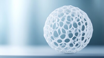 Fototapete - Abstract representation of a spherical cell-like structure with a delicate mesh design, set against a softly blurred background emphasizing its intricate details and elegance.
