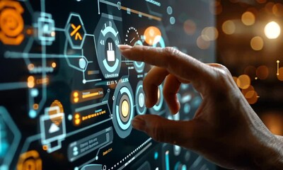a hand interacting with a digital interface, displaying various icons.