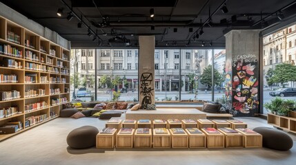Aufkleber - Modern library interior with bookshelves, seating areas, and large windows for natural light.