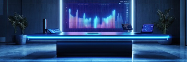 Poster - A modern workspace featuring a high-tech desk with digital displays and data visualizations.