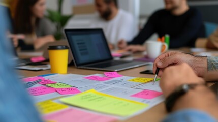 Aufkleber - A collaborative workspace with laptops, notes, and coffee, focusing on teamwork and brainstorming.