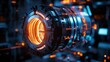 © Mega - Futuristic glowing metallic cylindrical engine, close-up.